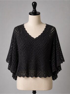 Takeout Black Crochet V-Neck Sweater